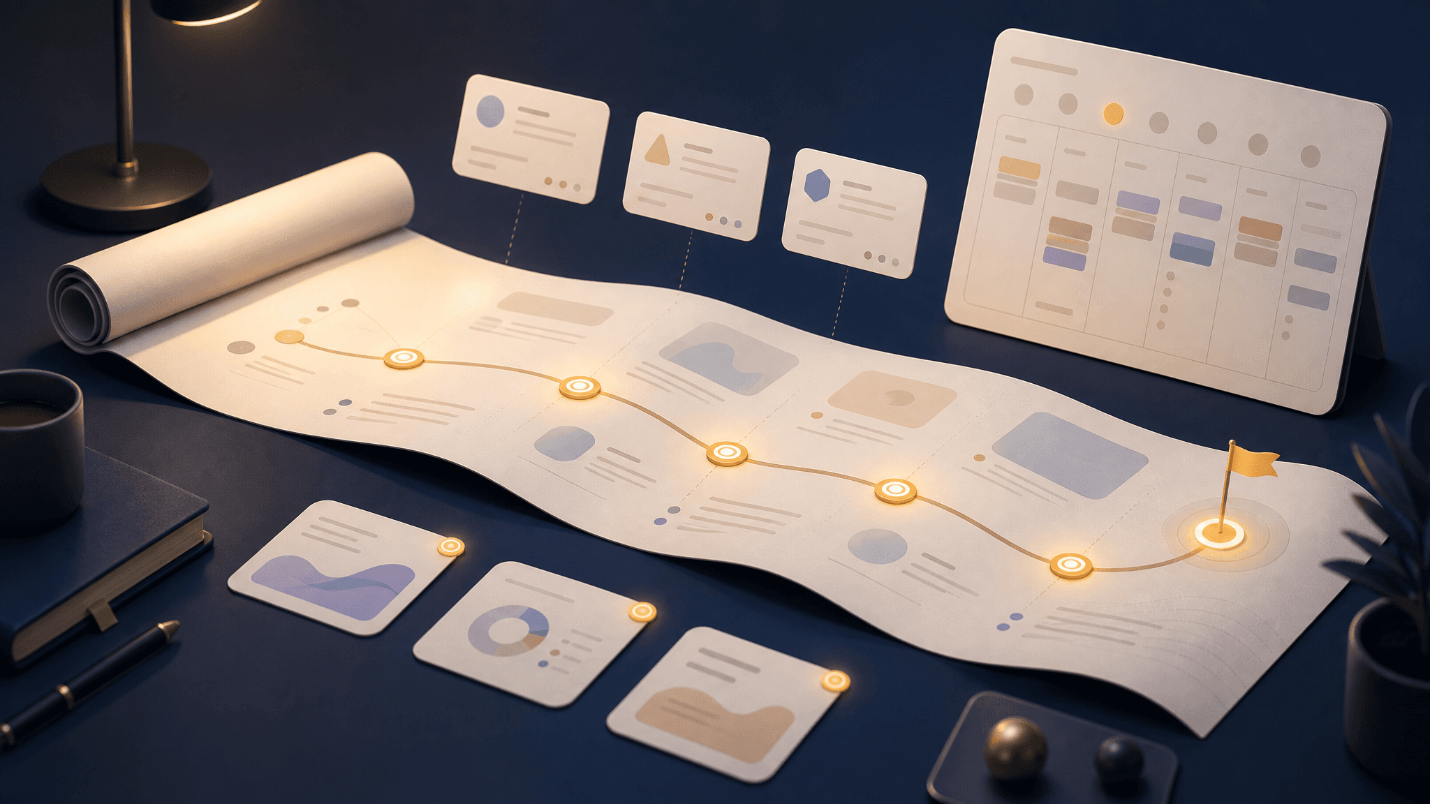 A personalized study roadmap unfurling across a desk